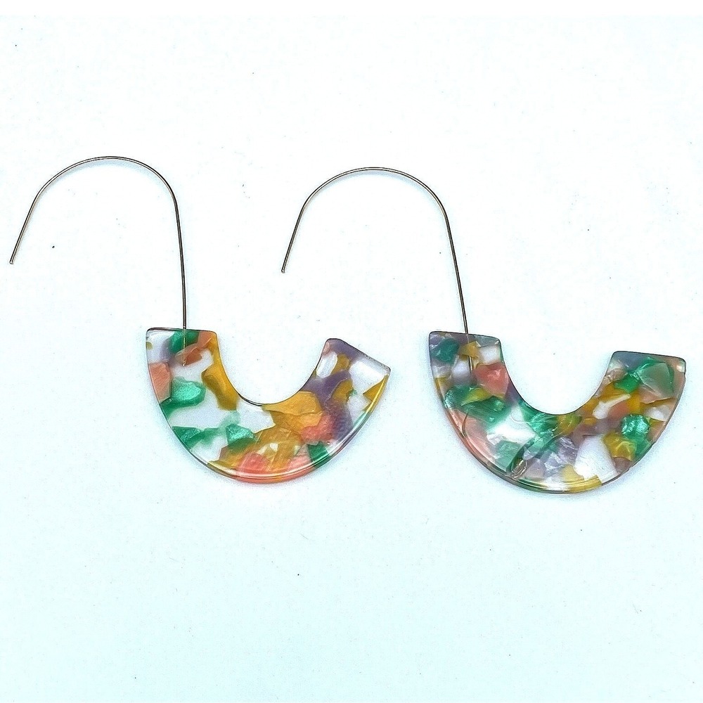 Vintage Multicolor Resin U-Shape Earrings Modern Art Deco Statement